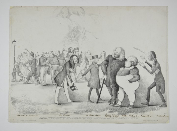 Cartoon of Charles Dickens being presented to the Edinburgh literati, 1841.