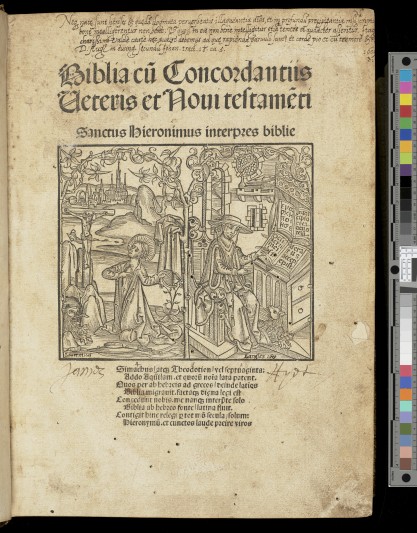Title page of 1497 Latin Bible with quote from Augustine and signatures of Lawrence Langley and Jame Hyet