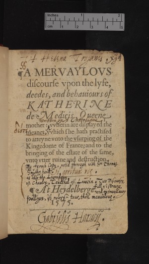 Title page showing Harvey’s signature & note about ‘my French copy’. 