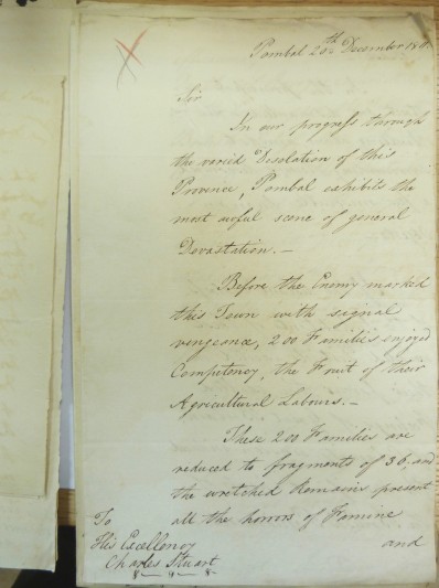 Letter to Charles Stuart, 1811, reporting on devastation of Pombal by the French.  Image Bodleian Libraries.