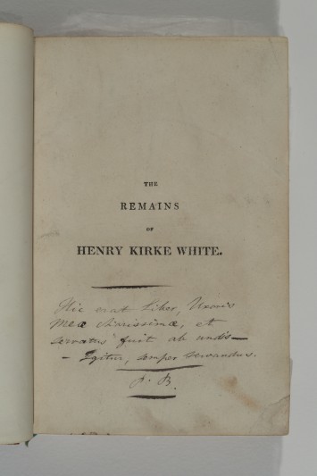 Patrick Bronte's inscription inside The Remains of Henry Kirke White. Image courtesy of Bronte Society.
