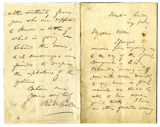 Cobden's letter to Villiers.  Image courtesy of West Sussex Record Office.