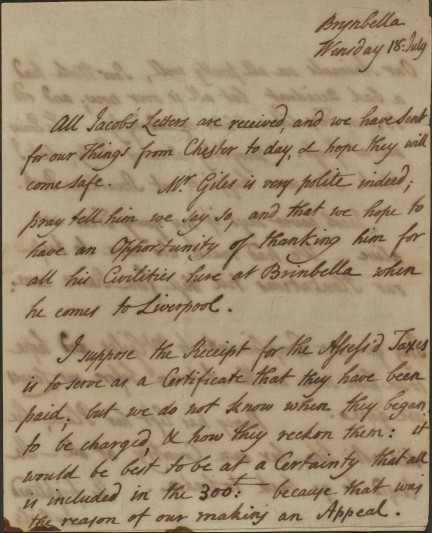 Letter from Hester Lynch Piozzi to the steward of Streatham Park. Image courtesy of the John Rylands Library.