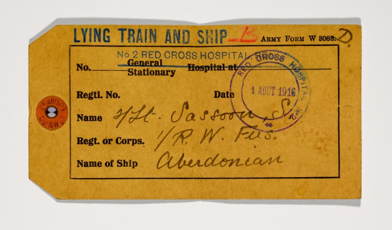 Siegfried Sassoon’s hospital ship tag, August 1916. Image courtesy of Cambridge University Library.