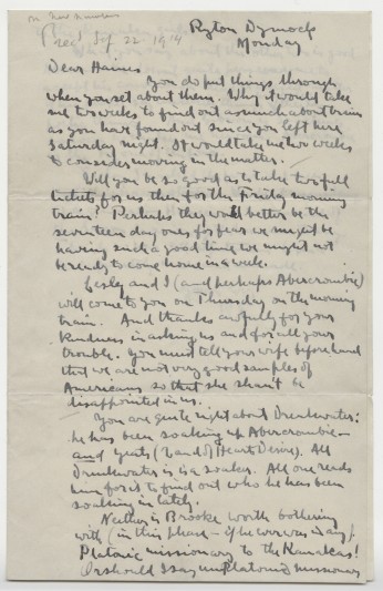 Letter from Robert Frost to J W Haines, September 22, 1914.