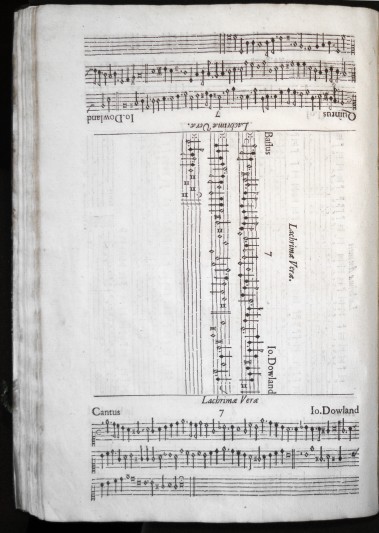  Page of music from the Lachrimae, showing the alto and tenor parts, as well as tablature for the lute.