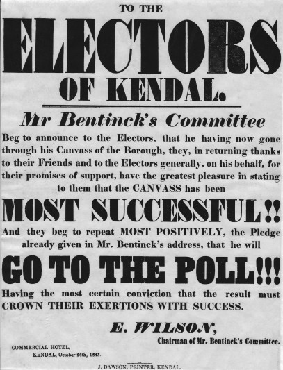 A pro-Tory broadside printed by J. Dawson (Kendal) for the 1843 Kendal by-election.