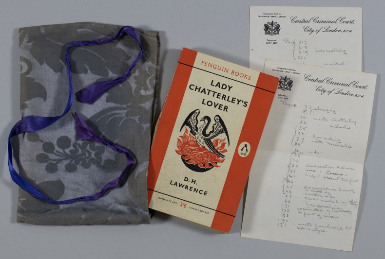 Lady Chatterley's Lover with Mrs Byrne's notes and 'modesty bag'.
