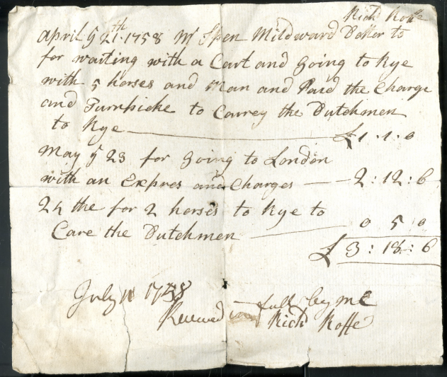 Richard Roffe's bill for a cart to carry the Dutchmen to Rye in 1758.