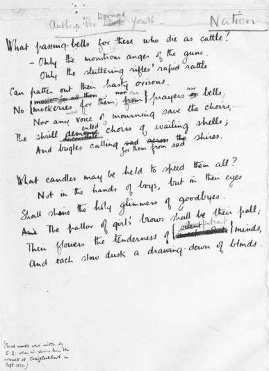 Wilfred Owen 'Anthem for a Doomed Youth'.  FNL grant 1933. Image courtesy of the British Library and by permission of the Estate of Wilfred Owen.