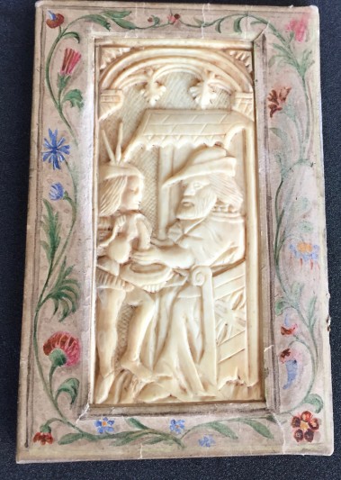 Ivory plaque, 15th century, attached to the verso of the upper board.