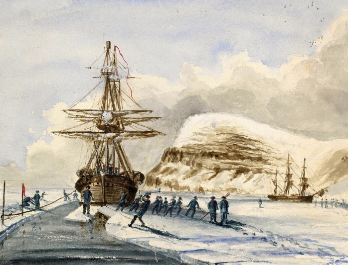 Cresswell's sketch of HMS Investigator and HMS Enterprise cutting through the ice. FNL grant 2012. Image courtesy of Norfolk Record Office.