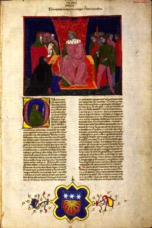 The opening page (folio 3r) of Bartolus de Sassoferrato: Commentaria in primam parted infortiati illuminated manuscript. Image courtesy of Glasgow University.