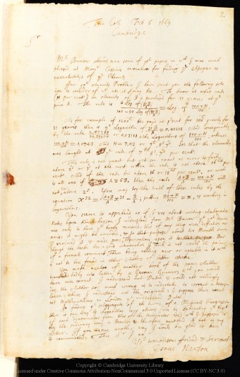 Letter from Isaac Newton to John Collins, 6 February 1669/70, written from Trinity College. Image courtesy of Cambridge University Library.